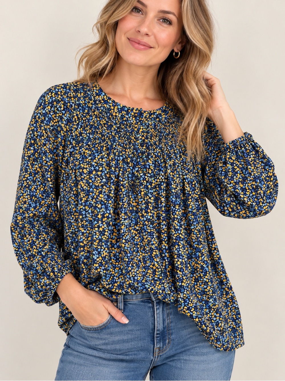 Croft & Barrow Floral Smocked Pintuck Blouse Navy Blue Yellow Rayon Large